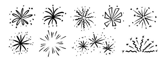 Hand drawn firework set. Crayon doodled firecracker element collection. Black pastel sketches of explosion, spark burst, star lights. Vector charcoal drawn sparkle stickers for birthday, party decor