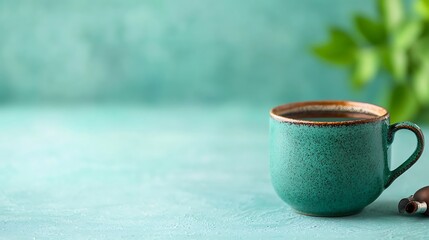 Warm coffee in a textured teal mug on a light blue surface