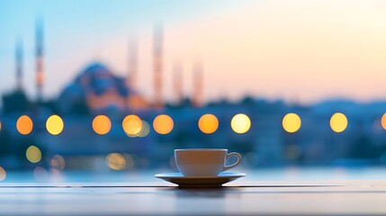 Coffee cup on a windowsill with a blurred city skyline at sunset