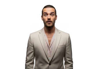 Surprised man in white suit with open mouth, shocked expression, portrait photography, model isolated on transparent background