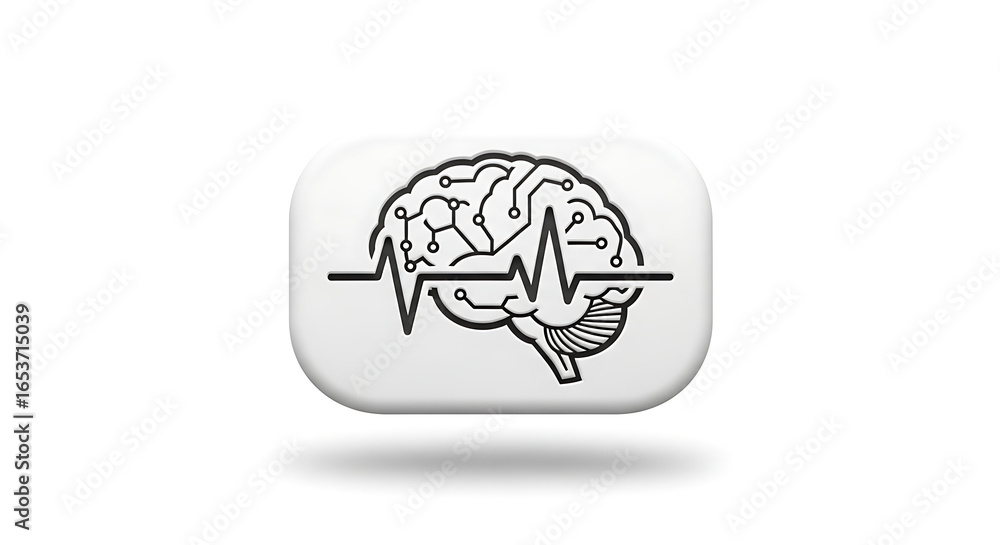 Aufkleber brain icon with circuit connections and heartbeat line on a white rounded square button shape ai gen