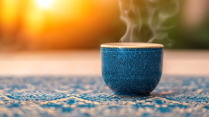 Steaming blue ceramic cup on a patterned mat with warm sunlight