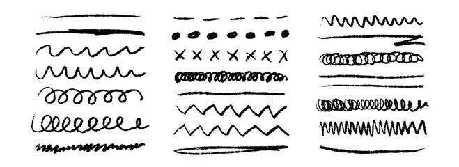 Black grunge brush stoke set. Hand drawn crayon underline, zigzag, dash line collection. Wet or dry pastel pencil doodle scribble bundle. Vector rough chalk charcoal sketch scrawls, waves and zig zag