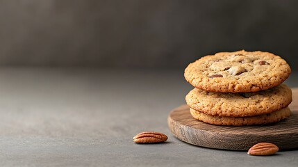 Delicious stack of oatmeal raisin cookies on a wooden board with nuts