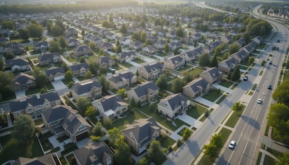 Aerial view of a sprawling suburban neighborhood with uniform modern houses and tree-lined streets
