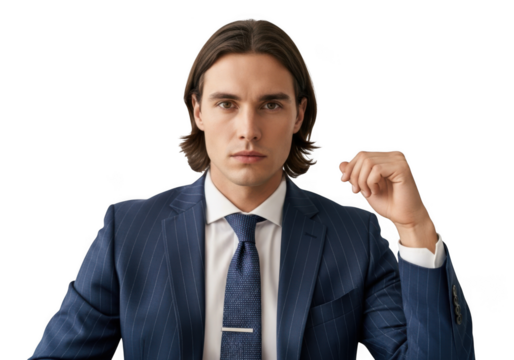 Professional businessman in pinstripe suit posing for headshot portrait image stock photo, attractive male model, isolated on transparent background