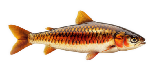 Small orange and gold patterned fish swimming isolated on transparent background