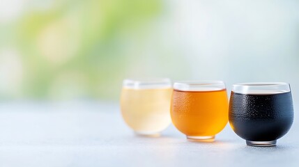 Three glasses of different colored beverages on a table