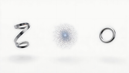 Three abstract metallic objects levitating against a clean white background showcasing a coiled spring a shimmering sphere and a simple ring