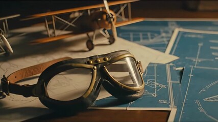 Aircraft Blueprints with Model Planes and Aviator Goggles - National Aviation Day
