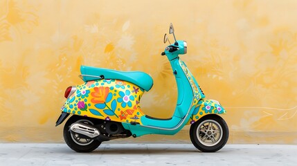 Vibrant teal scooter adorned with colorful floral patterns