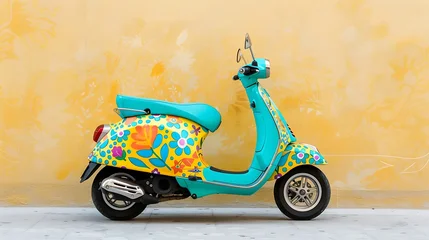 Canvas schilderij Scooter Vibrant teal scooter adorned with colorful floral patterns  © Ravanas Arts
