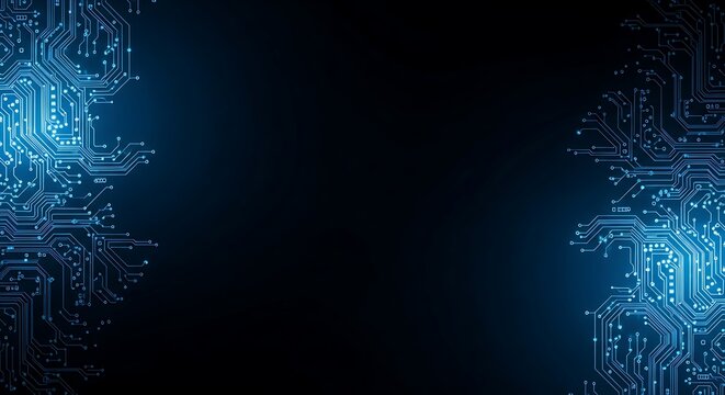 Abstract blue glowing circuit board pattern on black background