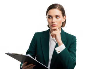 Thoughtful businesswoman in green suit holding clipboard, planning strategy, isolated on transparent background