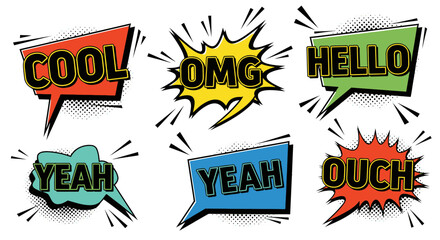 Dynamically expressive comic speech bubbles, featuring vibrant colors and bold text, embodying energetic conversational elements for a visually engaging and animated design aesthetic