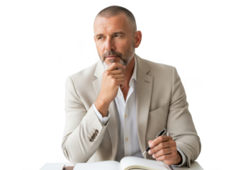Thoughtful mature businessman writing notes planning strategy brainstorming ideas with pen and notebook isolated on transparent background