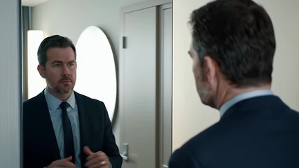 Business Man in Dark Suit Giving Pep Talk To Mirror Reflection in White Room with Natural Lighting