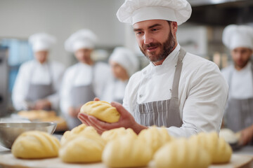 Pastry chef teaching group of students in modern kitchen