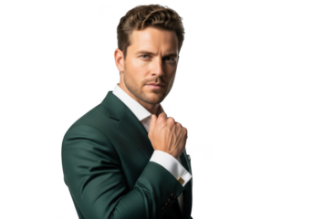 Handsome caucasian man in green suit posing confidently, business professional headshot, portrait photography, model, isolated on transparent background