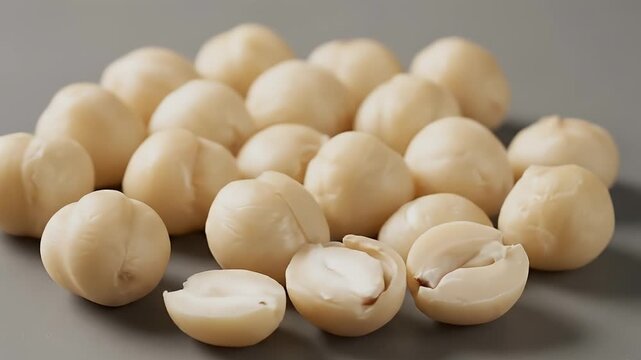 Pile of smooth lightbeige macadamia nuts some halved revealing the kernel