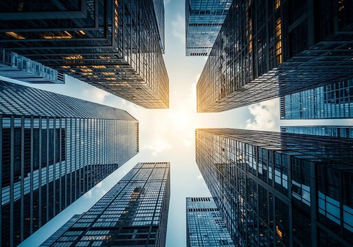 Looking up at modern skyscrapers towards the bright sun