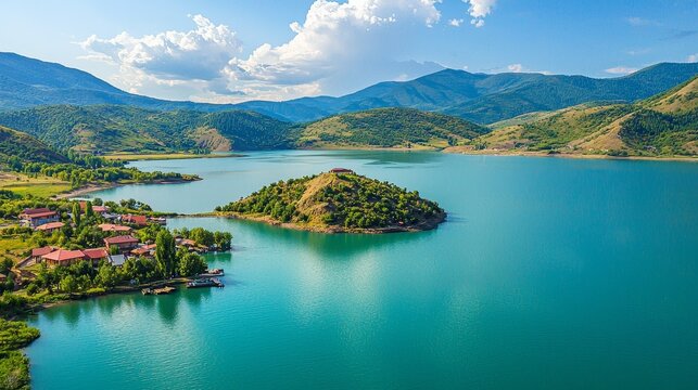 beautiful view of the island on Lake Paleostomi, Poti, Georgia