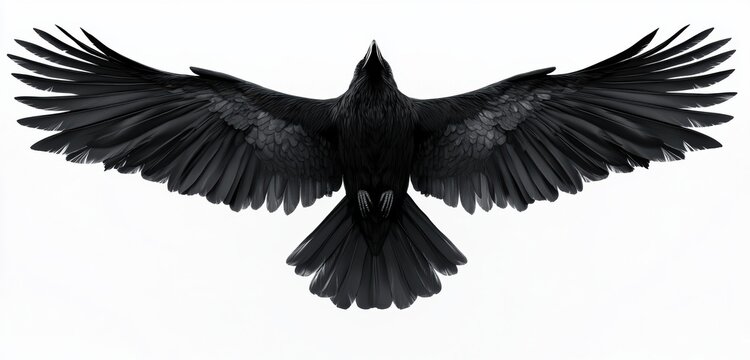 Soaring raven isolated on white background  
