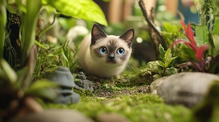 Cute kitten in miniature jungle terrarium, observing surroundings