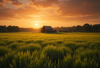 Sunset over a tranquil rural landscape with a barn surrounded by lush green fields and distant trees