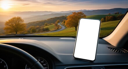 Driving through the countryside with a smartphone showing a blank screen for mockup