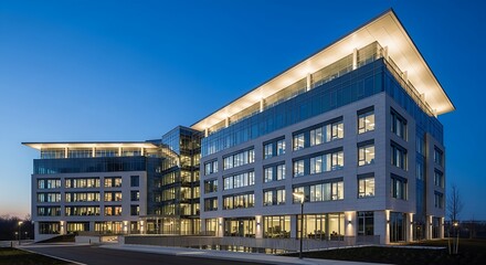 Modern glass office building exterior at dusk with illuminated windows