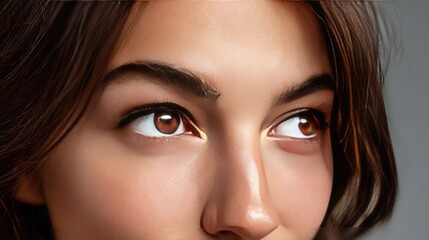 Obraz premium Close-up of eye bag on young woman face concept. Close-up portrait showcasing expressive brown eyes and natural beauty.