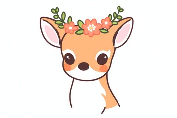 Obraz premium Cute deer with flower on head, simple cartoon line art for kids coloring book. Flat vector illustration in black and white, kawaii doodle clipart style with bold outline and minimal design.