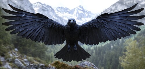 Raven flying above snowy mountains  
