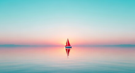 Sailboat on calm water at sunrise with colorful sky and reflection