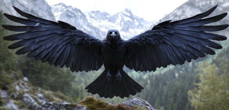 Raven flying above snowy mountains  
