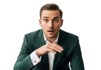 Surprised businessman in green suit presenting with hand gesture stock photo cutout png image for design projects, isolated on transparent background