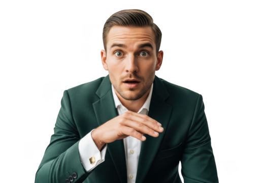Surprised businessman in green suit presenting with hand gesture stock photo cutout png image for design projects, isolated on transparent background - Powered by Adobe