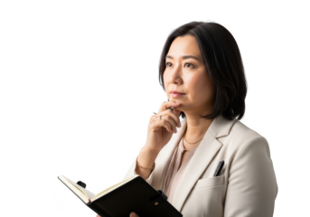 Thoughtful asian businesswoman with notebook planning strategy and ideas png image for design resources and projects isolated on transparent background