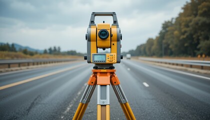 A precise surveying instrument mounted on tripod measuring road construction parameters on an