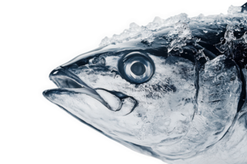 Close up of a frozen tuna fish head with ice, isolated on transparent background