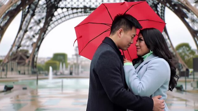 Romantic Asian Couple Embracing Under Red Umbrella Near Eiffel Tower Paris France Woman In Light Blue Coat Man In Black Stylish Travel Scene