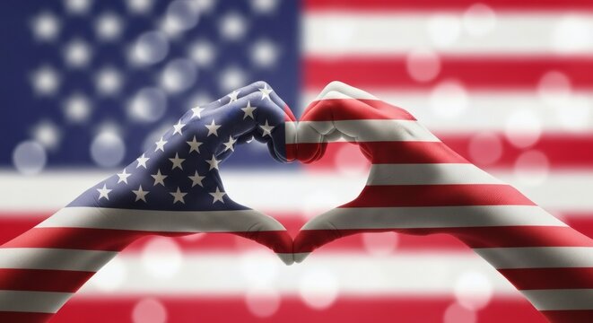 Hands forming a heart shape with the american flag pattern, symbolizing love and patriotism for the usa