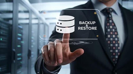 Man in Suit Interacting with Server Data Icon in Data Center with Digital Enhancements for Information Management and Cybersecurity - Powered by Adobe