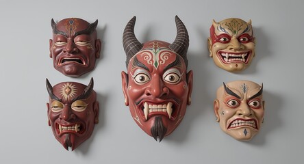 Naklejka premium Hand-Carved Asian Demon Masks Intricate Wall Art Decor Set of 5