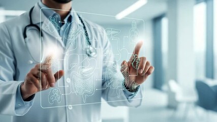 Doctor in white coat interacts with digital interface displaying human organs and body diagrams - Powered by Adobe