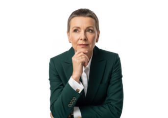 Thoughtful businesswoman in green suit looking upward portrait png image, isolated professional woman with hand on chin posing isolated on transparent background