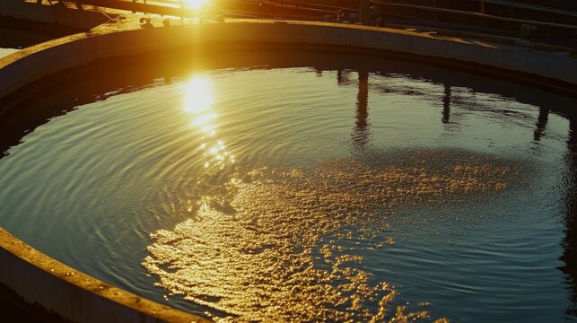 61.Large circular sludge recirculation clarifier tank at a water treatment facility, golden sunrise reflecting on the still water surface