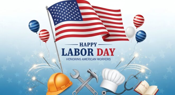 Happy labor day celebration with american flag, balloons, and symbols of various professions like chef hat, hard hat, and tools - Powered by Adobe