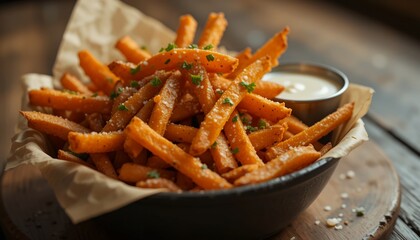 A close up of crispy golden sweet potato fries garnished with herbs and sea salt served with a